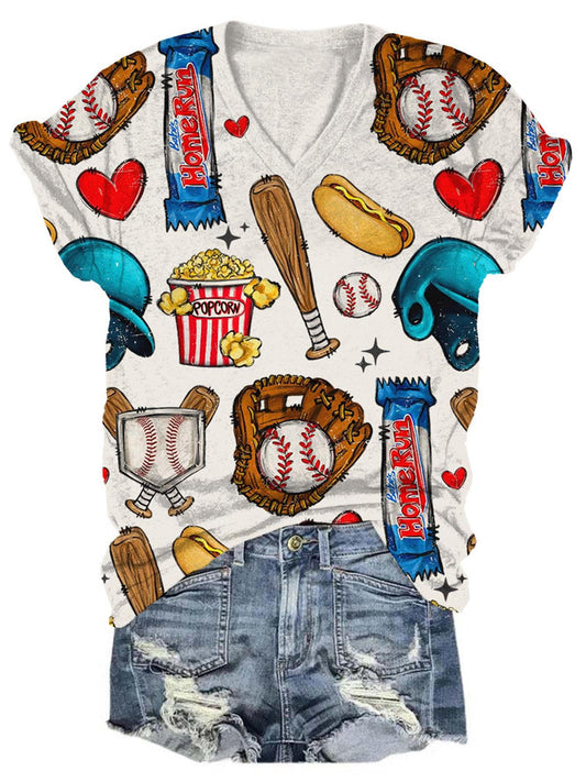 Baseball & Snacks Print V-Neck T-Shirt