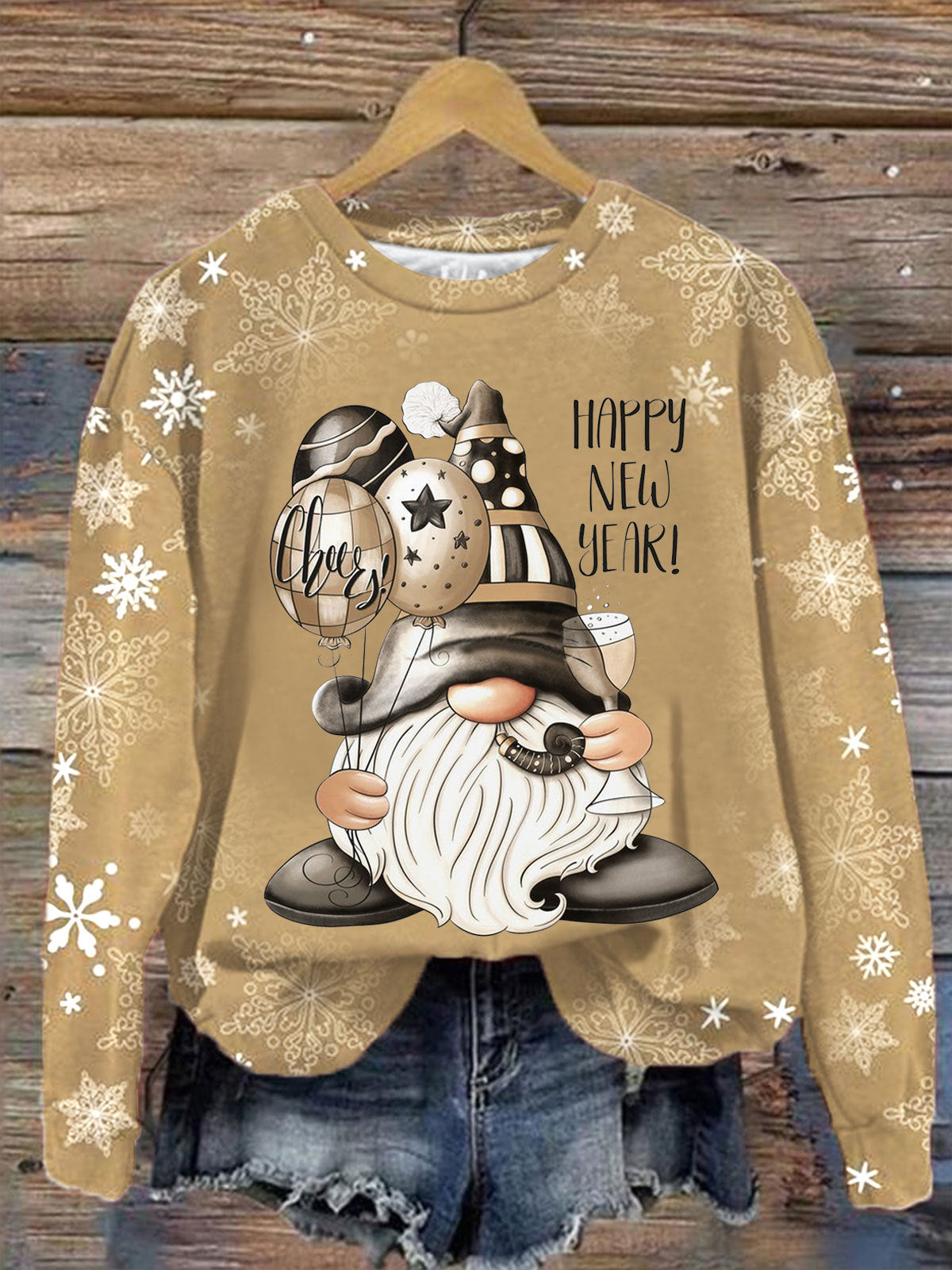 Women's Happy New Year Gnome Print Round Neck Long Sleeve Top