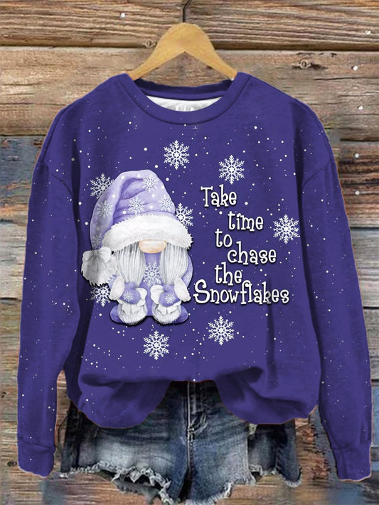 Take Time To Chase The Snowflakes Gnome Round Neck Long Sleeve Top