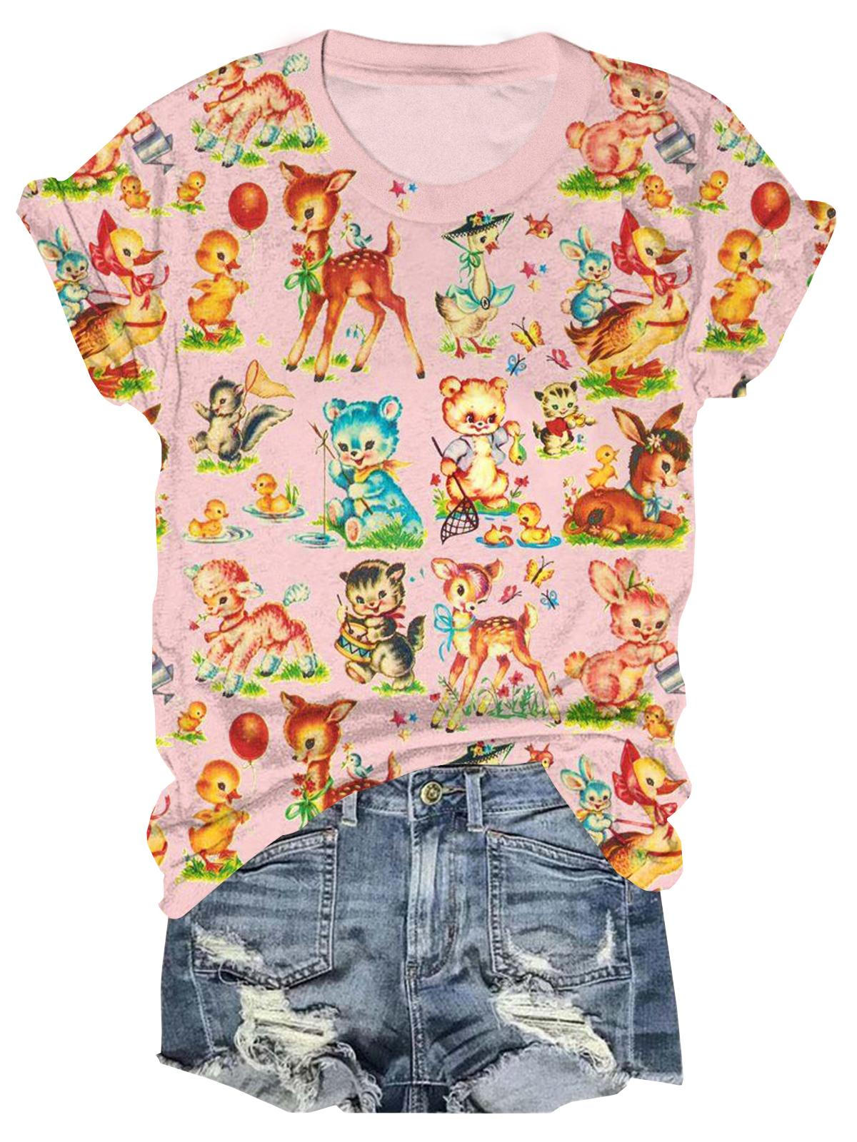 Vintage Baby Animals Crew Neck T-shirt