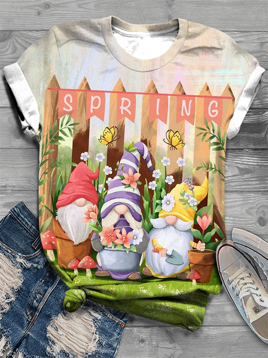 Women's Spring Gnomes Print Crew Neck T-Shirt