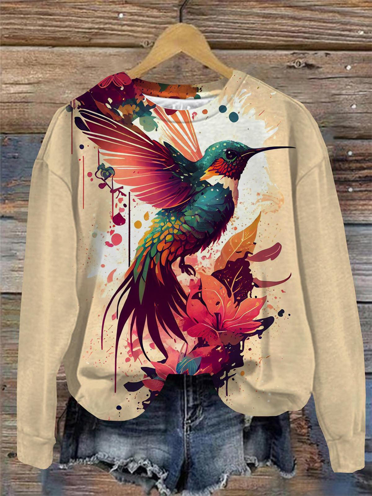 Hummingbird Color Bird Print Round Neck Long Sleeve Top