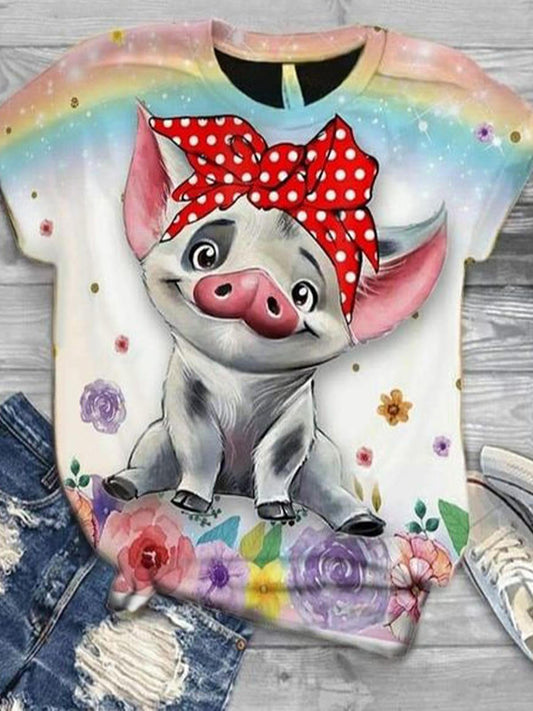 Floral Pig Rainbow Crew Neck T-shirt