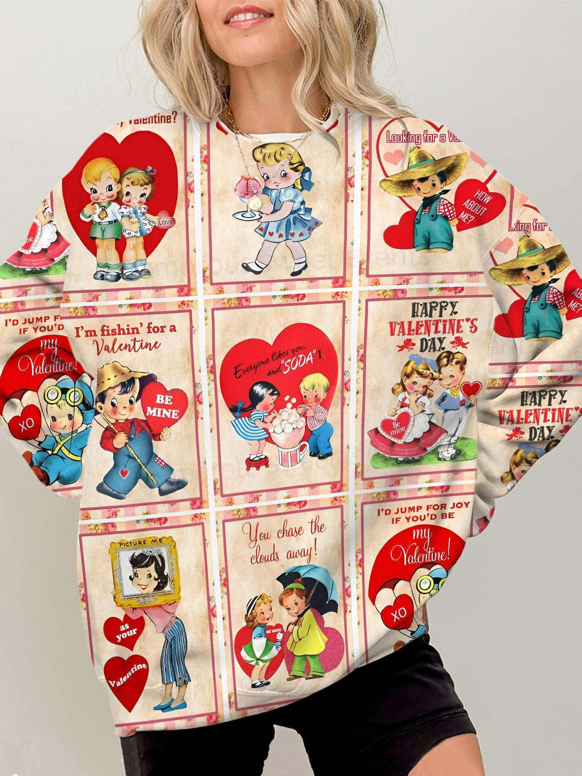 Women's Valentine's Day Print Round Neck Long Sleeve Top