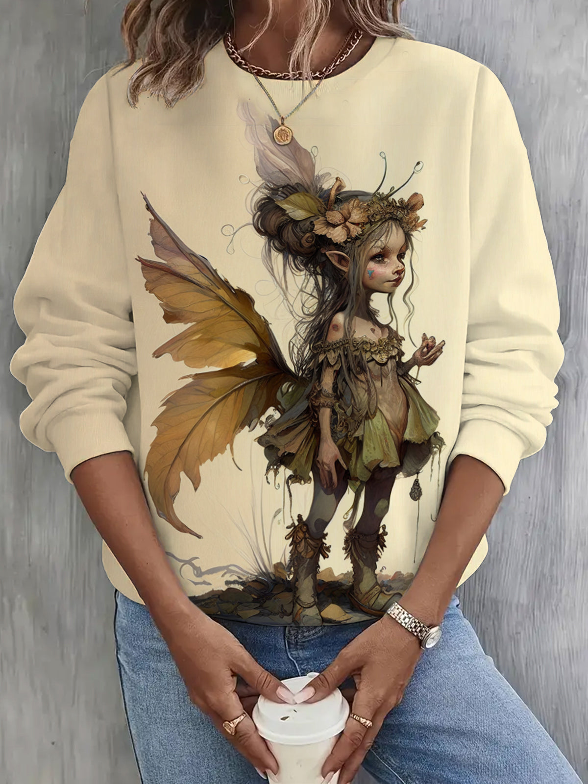 Fairy Girl Print Long Sleeve Casual Top