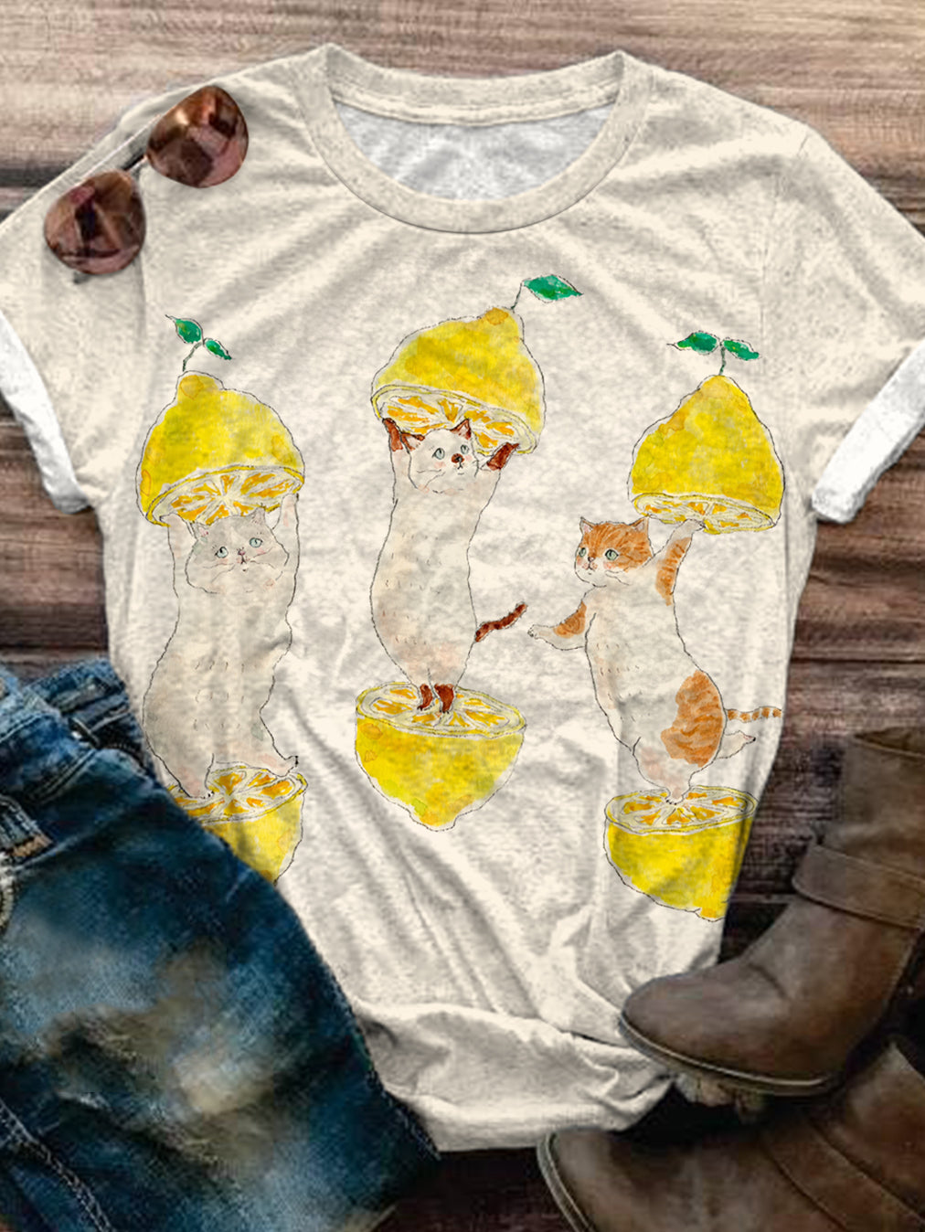 Funny Cat Print Crew Neck T-shirt