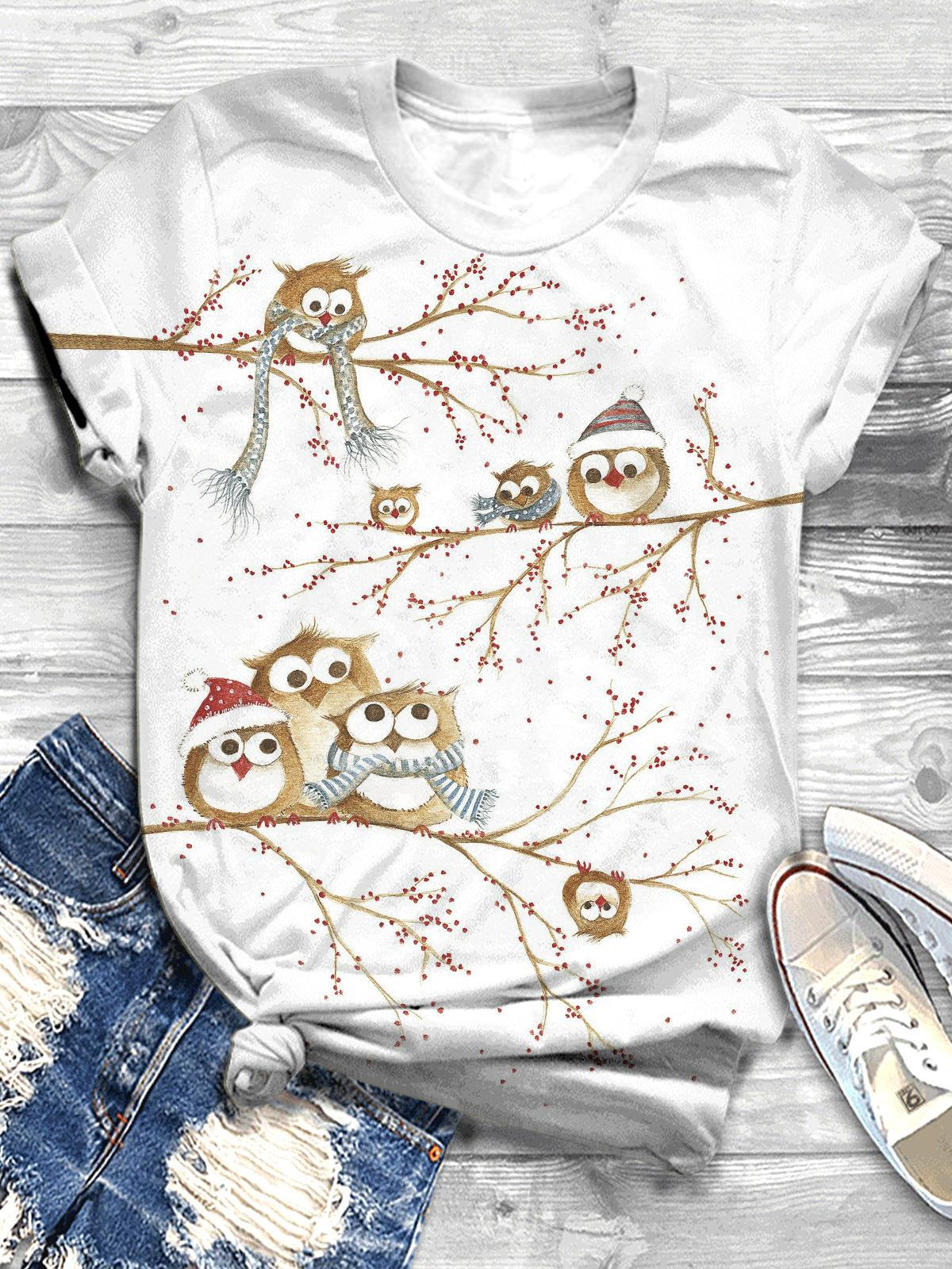 Cartoon Owl Print Crew Neck T-shirt