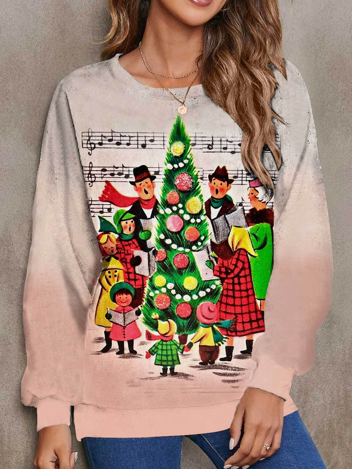 Women's Christmas Gradient Print Long Sleeve Top