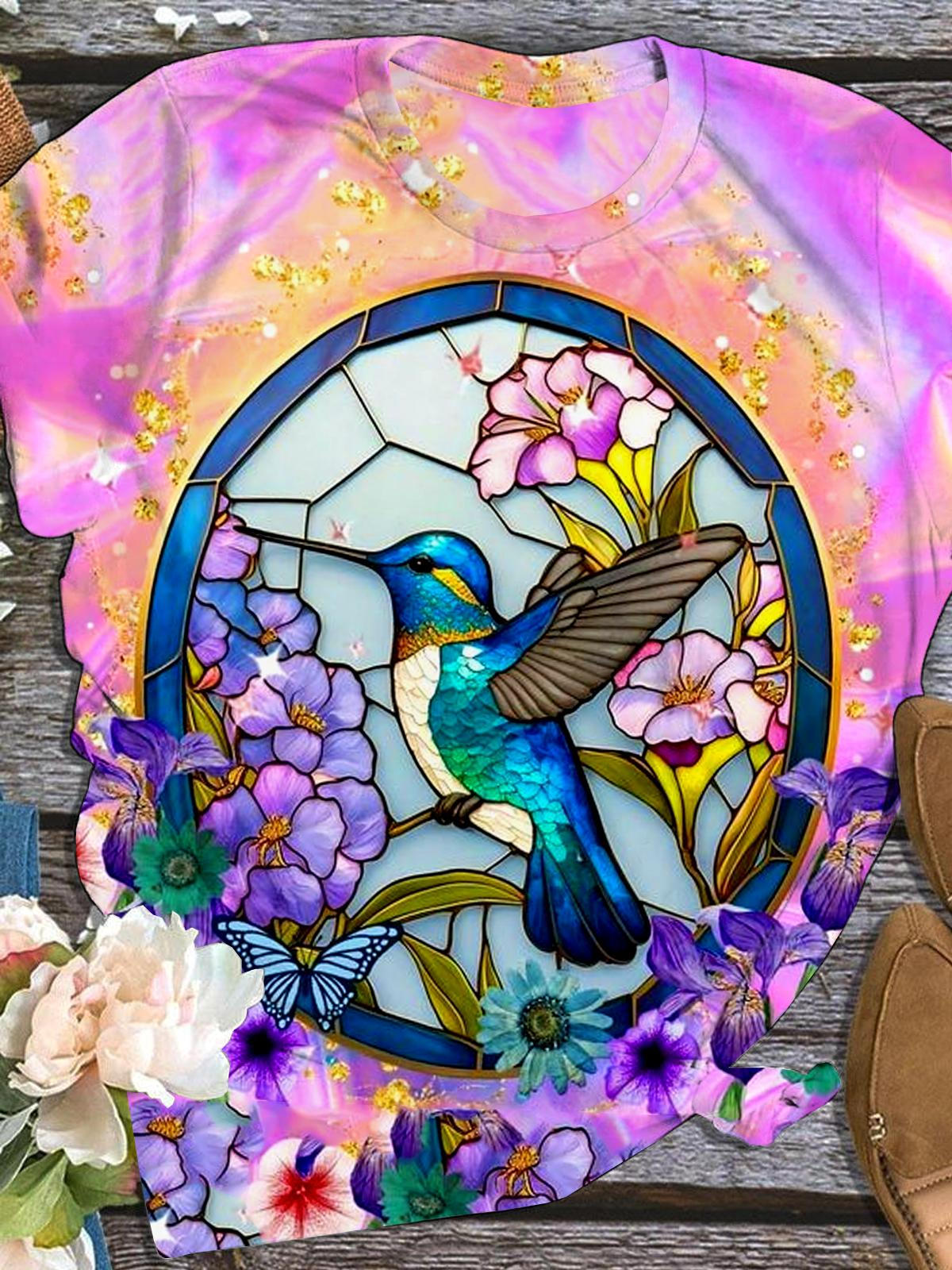 Hummingbird Bird Flower Sunflower Butterfly Crew Neck T-Shirt