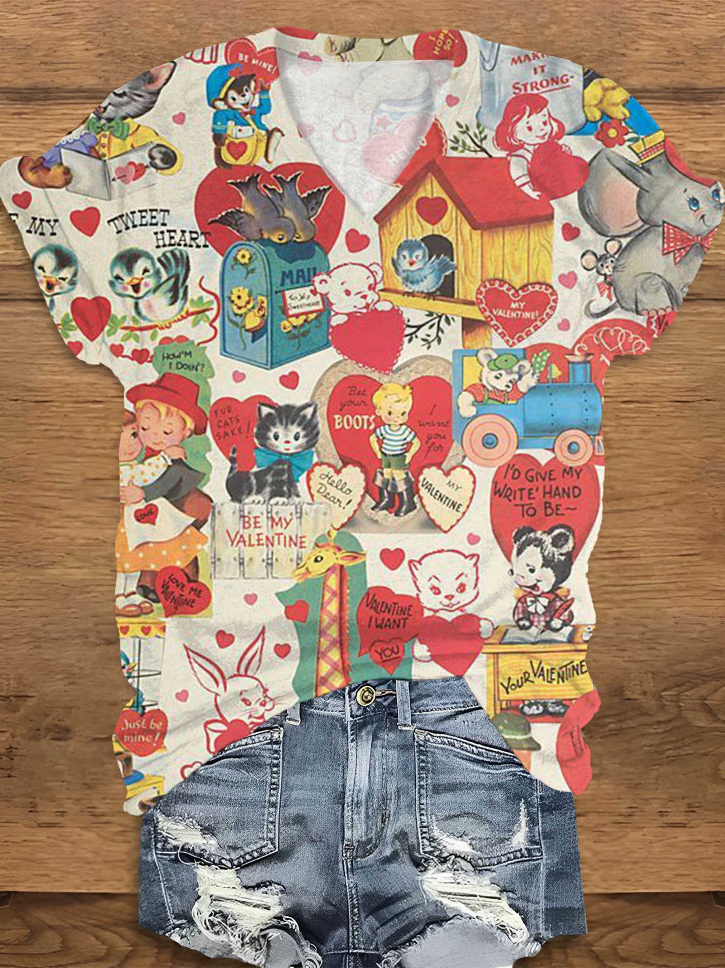 Retro Cartoon Print V-Neck T-Shirt