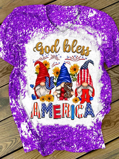 God Bless America Gnome Glitter Print V-Neck Short Sleeve T-Shirt