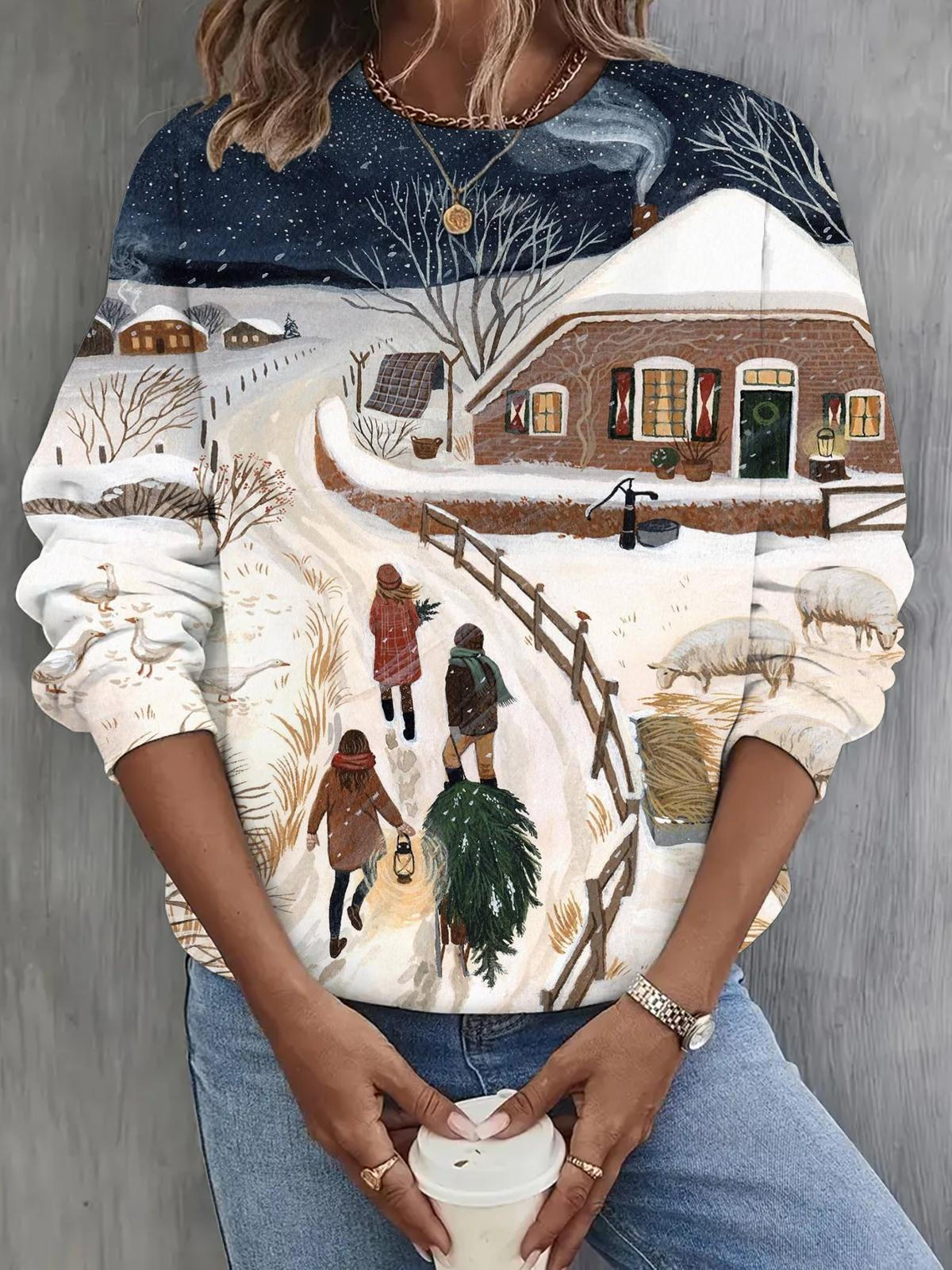 Winter Snow Print Long Sleeve Casual TopSnow