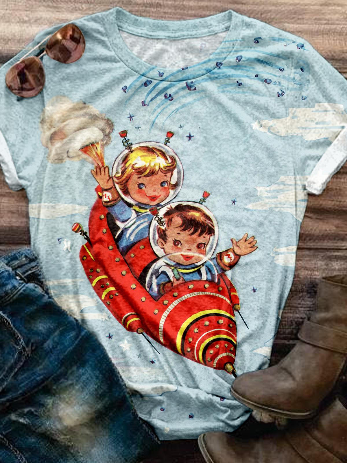 Vintage Rocket Boy & Girl T-Shirt mit Rundhalsausschnitt