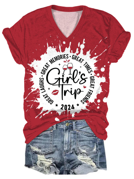 Girl's Trip 2024 Great Memories V-Neck Tie Dye T-Shirt
