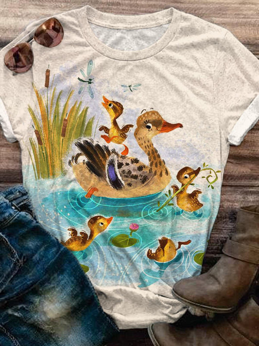 Vintage Duck Mom & Children Crew Neck T-shirt