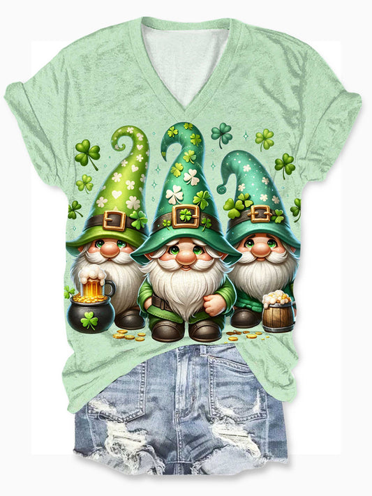 St Patricks Day Gnomes Print V-Neck T-Shirt