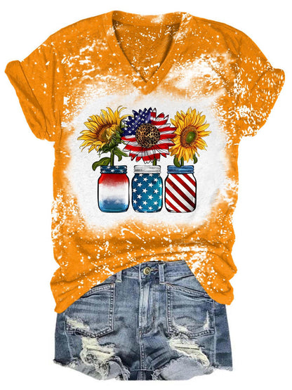 American Flag Sunflower In Jars Tie Dye V Neck T-Shirt