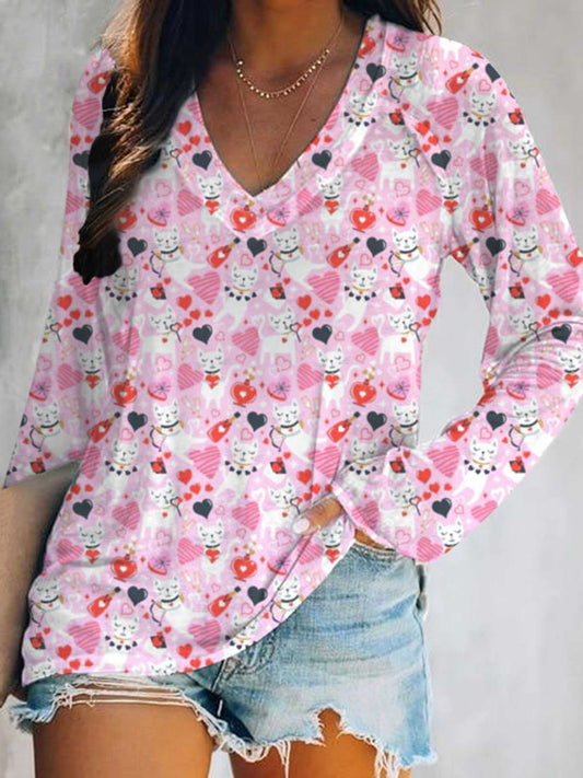 Women's Pink Meow Print V-Neck Long Sleeve T-Shirt