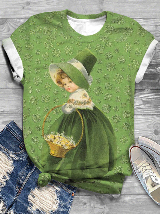 St. Patrick's Day Clover Leaf Vintage Girl Crew Neck T-Shirt