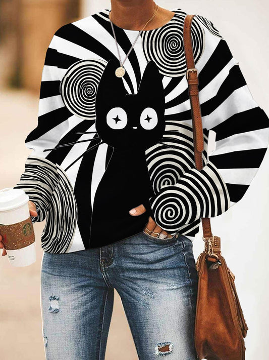 Women's Funny Cat Print Round Neck Long Sleeve Top