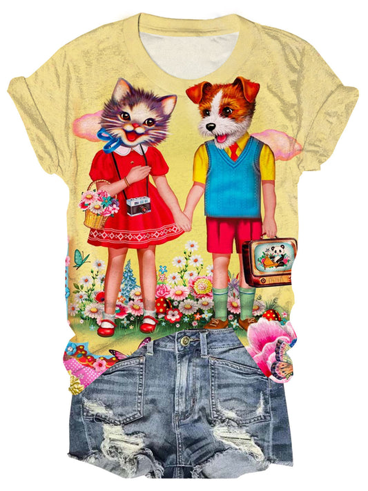 Vintage Cat & Dog Cute Print Crew Neck T-Shirt
