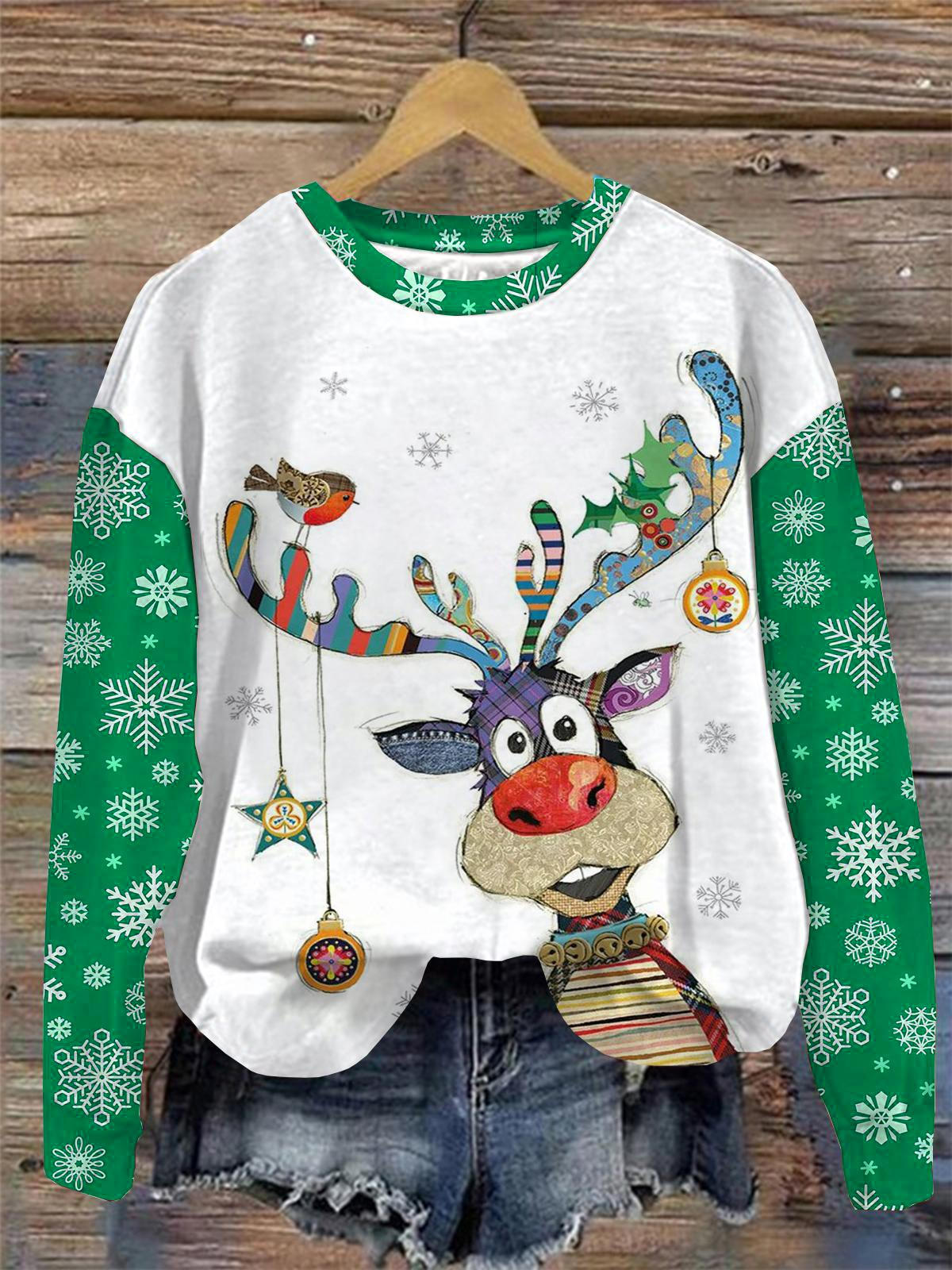 Christmas Deer Print Round Neck Long Sleeve Top