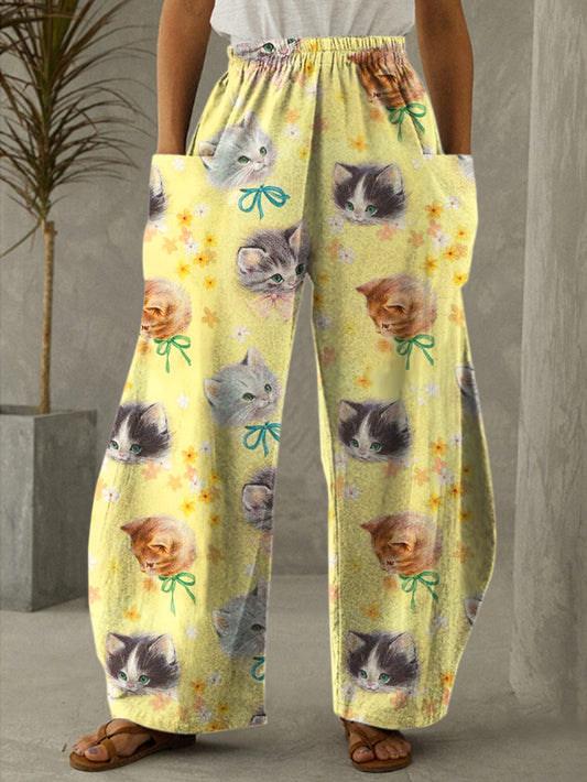 Vintage Kittens Print Casual Pants