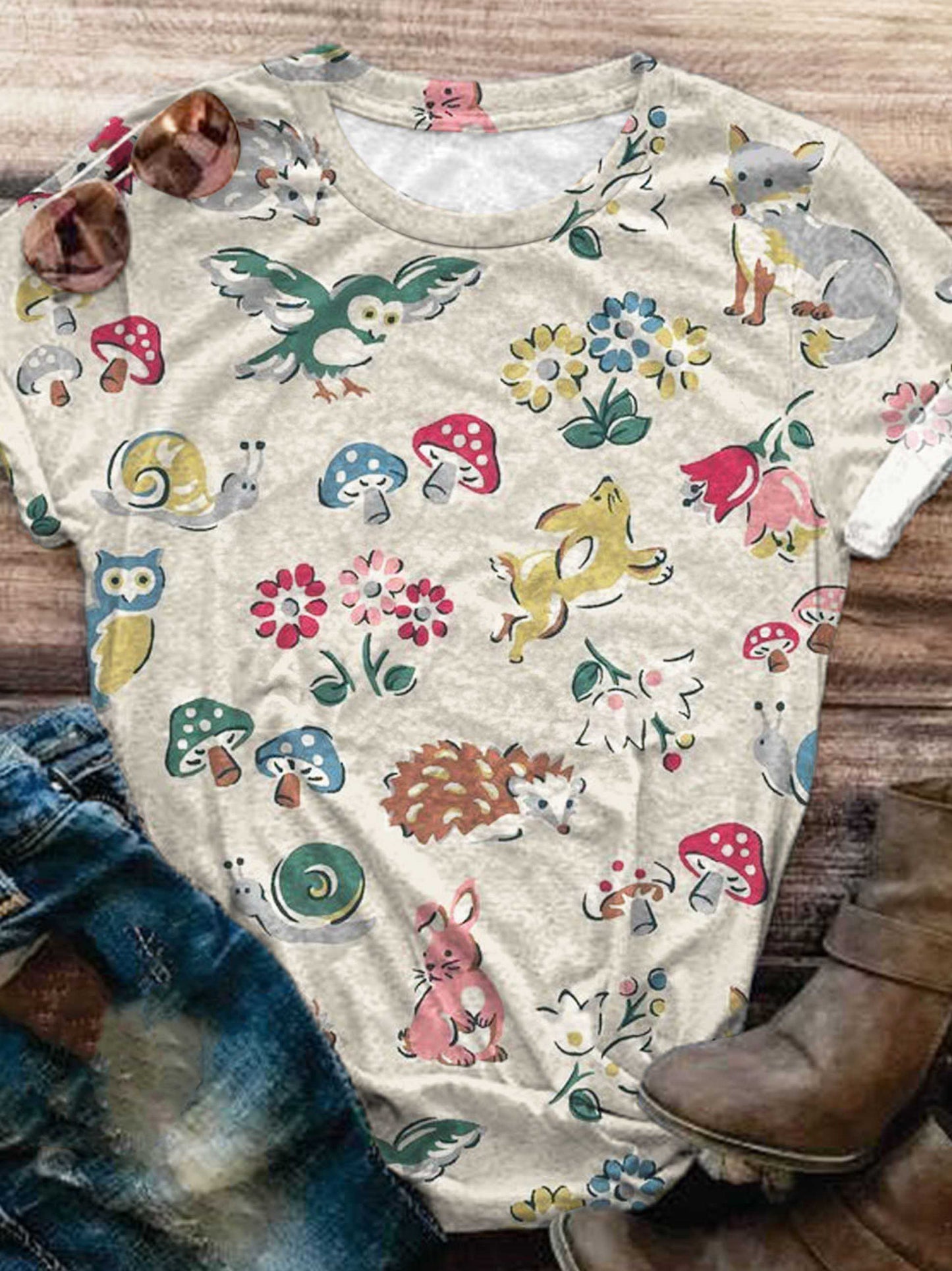 T-Shirt mit Rundhalsausschnitt und Retro-Tierprint