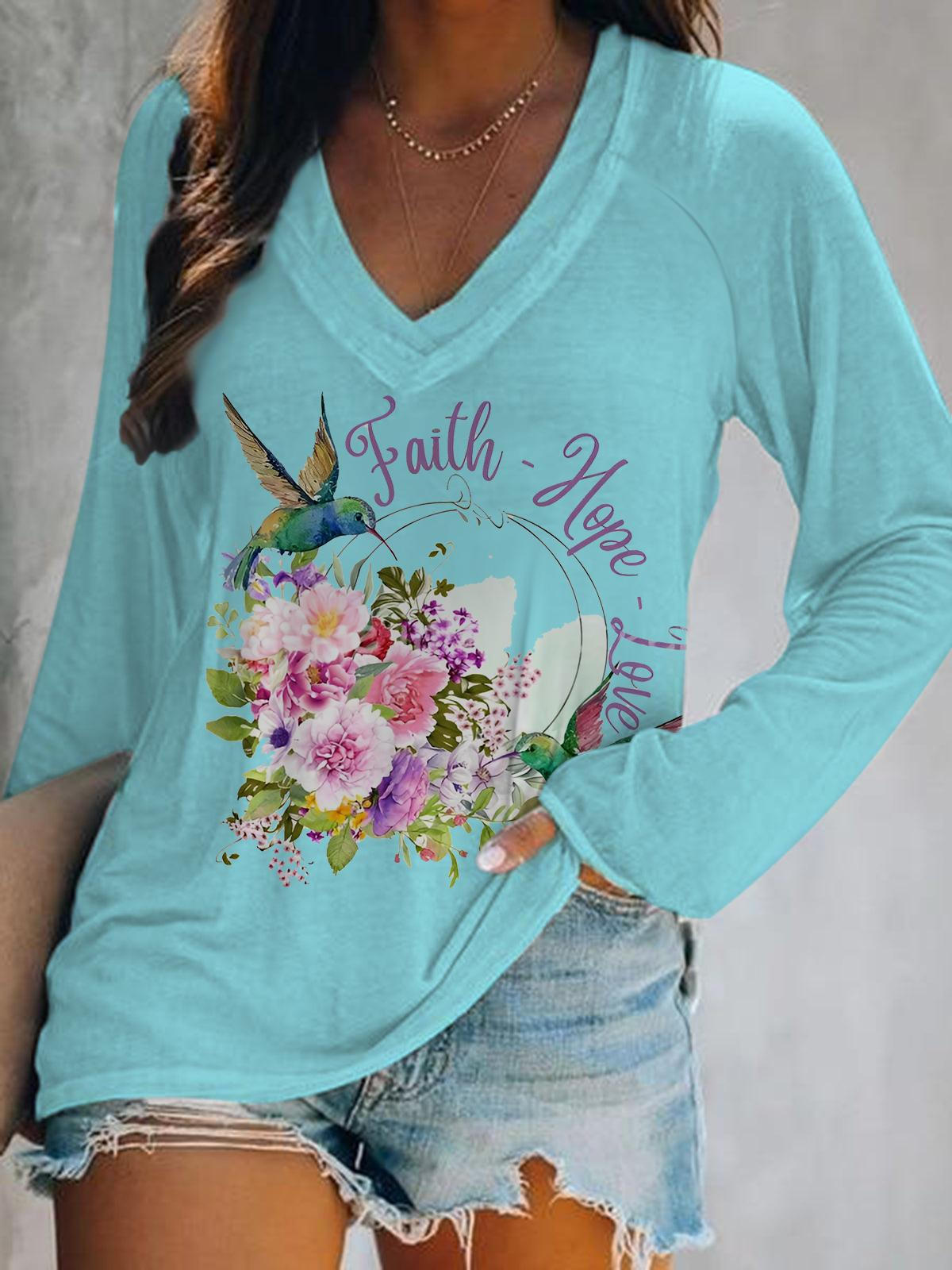 Faith Hope Love Hummingbird Print V-Neck Long Sleeve Top