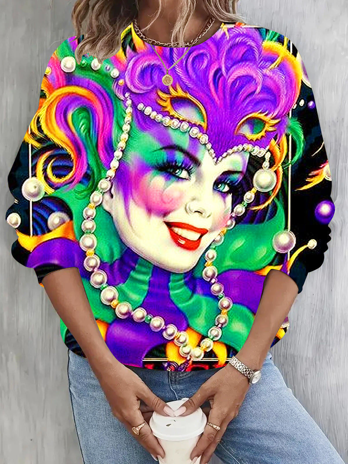 Mardi Gras Face Art Crew Neck Long Sleeve Top