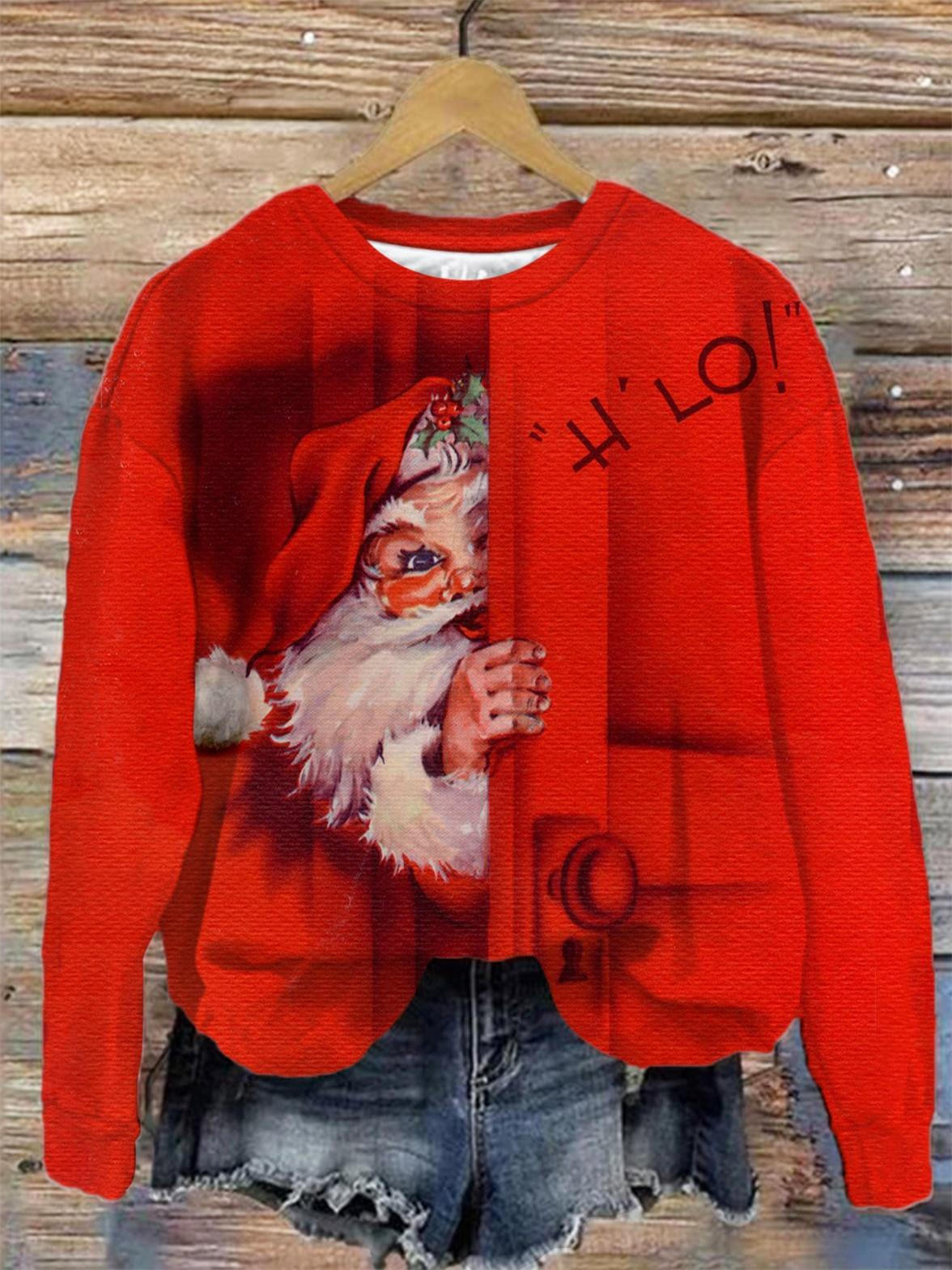Women's Santa Print Crew Neck Long Sleeve Top