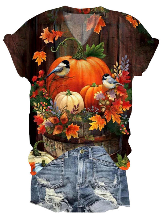 Fall Maple Leaf Pumpkin Bird V-Neck T-Shirt