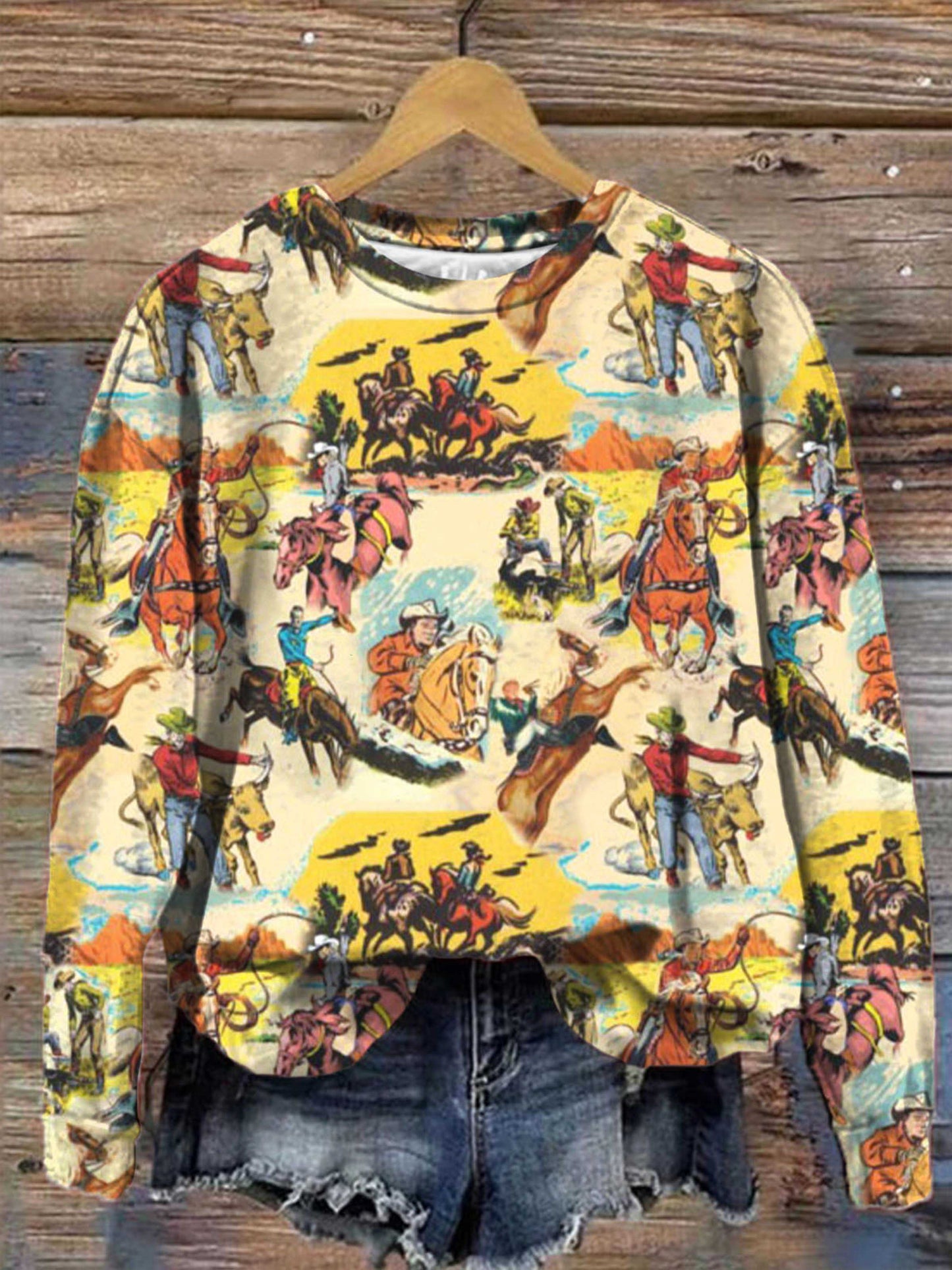 Ride em Cowboy Horse Rodeo Western Ranch Print Long Sleeve Top