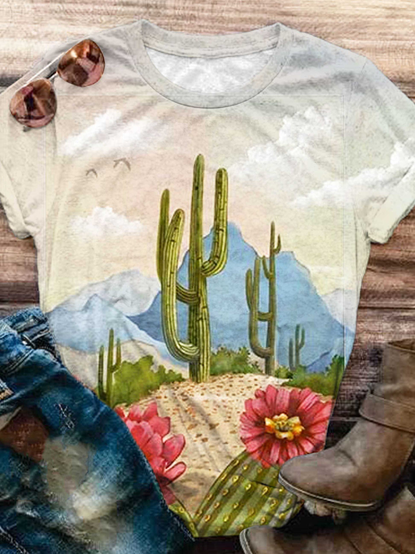 Retro Desert Cactus Print Crew Neck T-Shirt