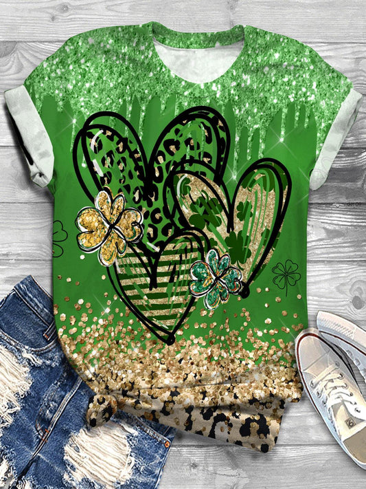 St. Patrick's Day Glitter Hearts Print Crew Neck T-shirt
