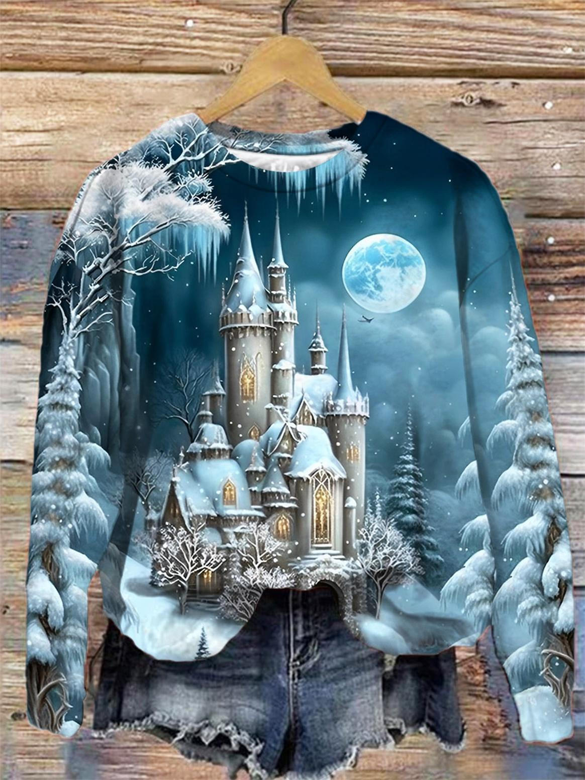 Winter Castle Print Round Neck Long Sleeve Top