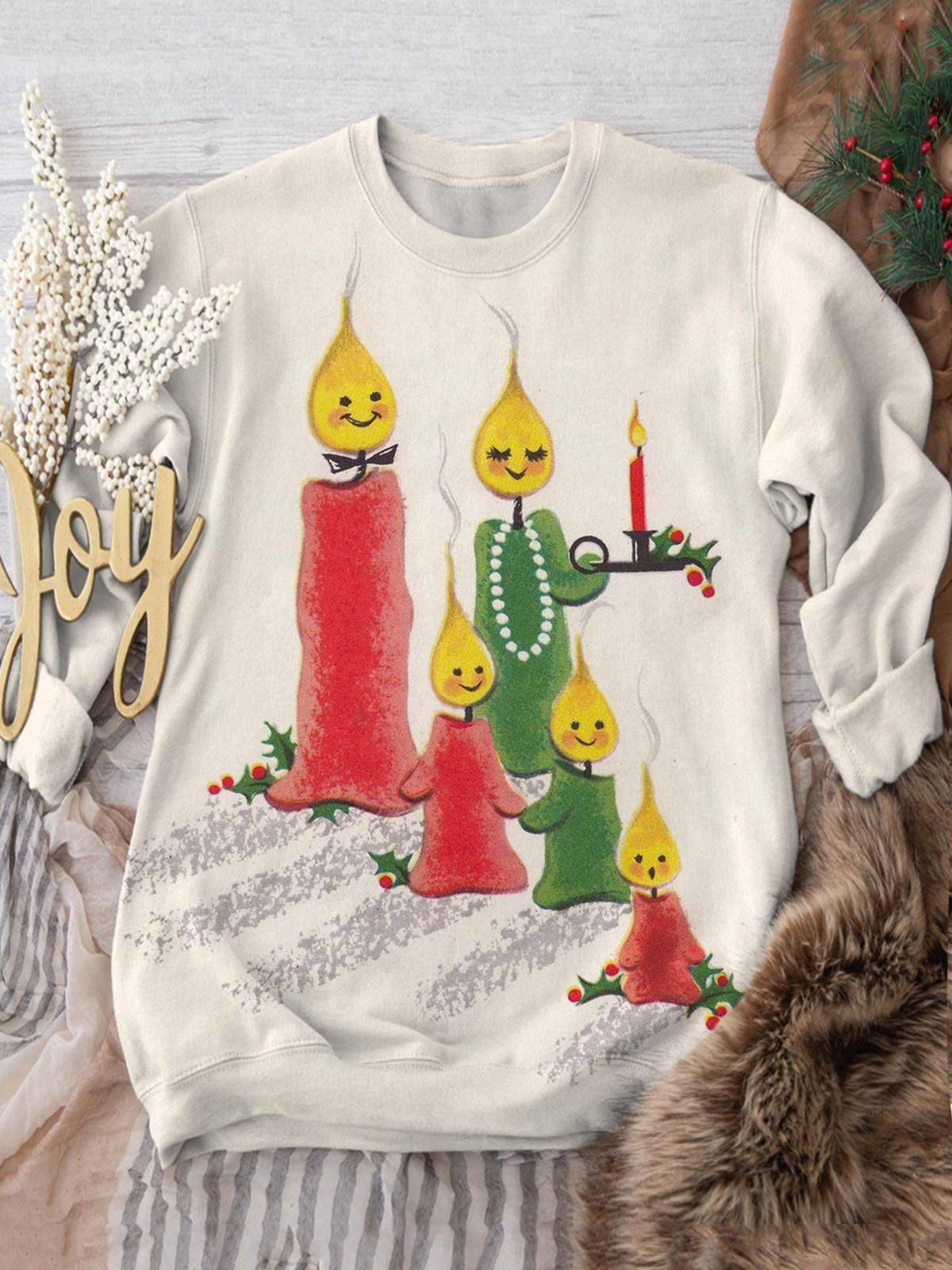 Christmas Candle Print Long Sleeve Casual Top