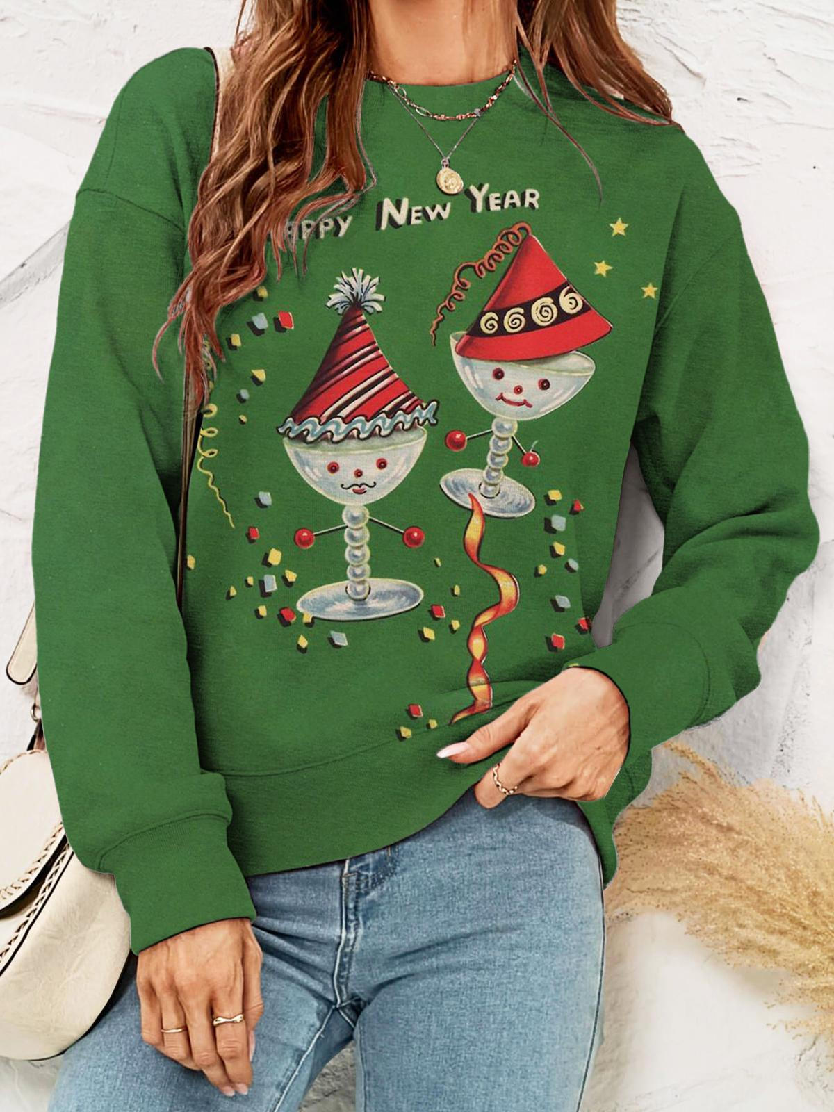 Women's New Year Wine Glass Print Round Neck Long Sleeve Top