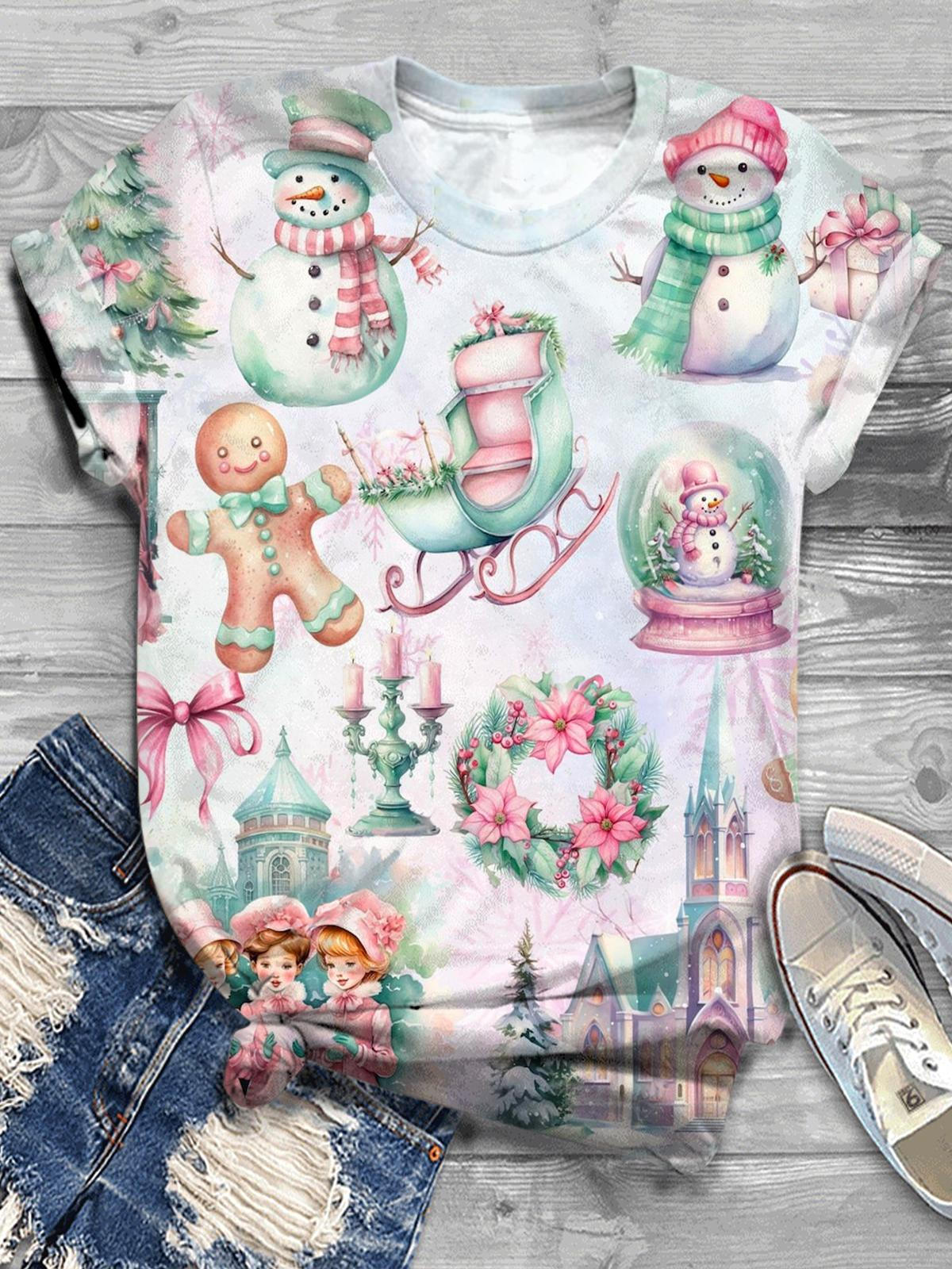 Pink Mint Snowmen Crew Neck T-shirt