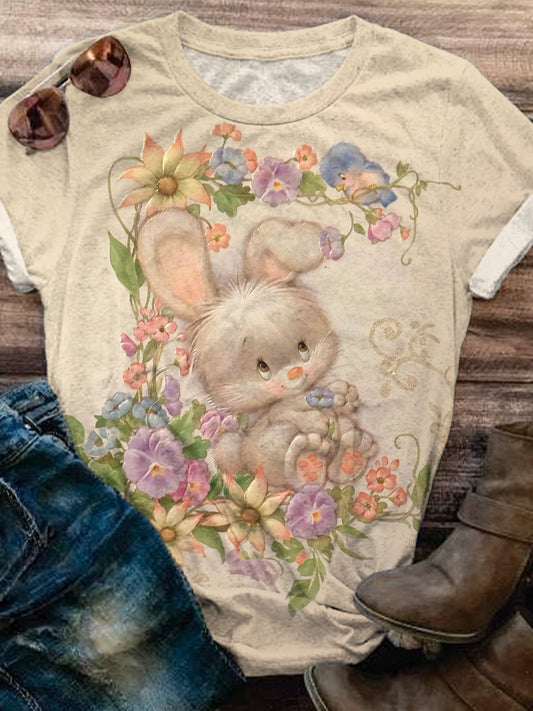 Vintage Flower Vine Bunny Crew Neck T-shirt