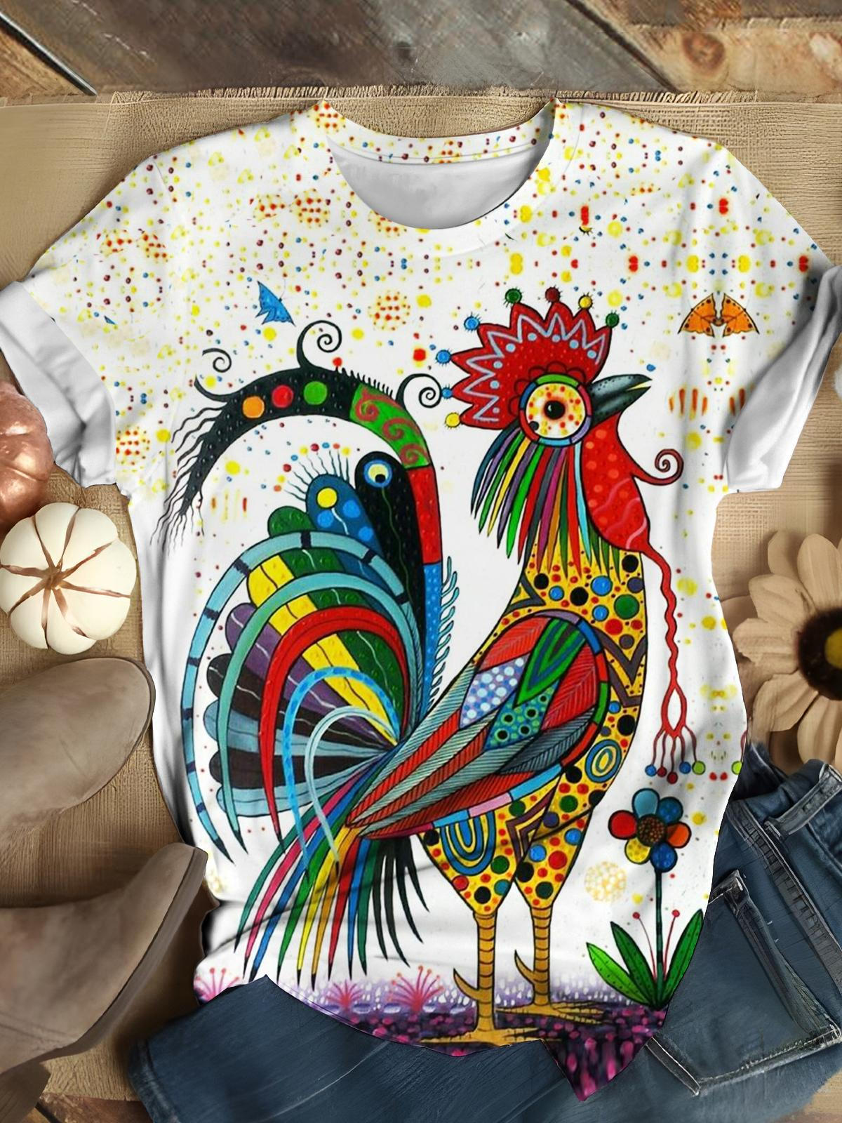 Women's Funny Chicken Art Print Crew Neck T-Shirt