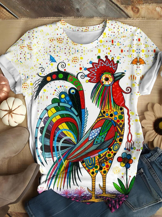 Women's Funny Chicken Art Print Crew Neck T-Shirt