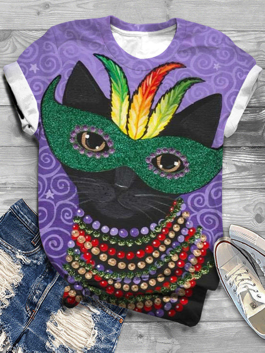 Mardi Gras Cat Print Crew Neck T-Shirt