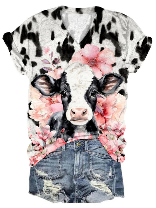 Pink Flower Cow V-Neck T-Shirt