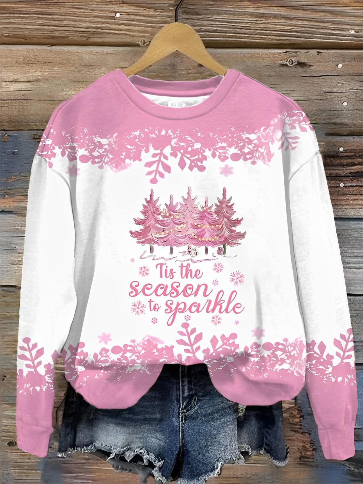 Women's Tis The Season To Sparkle Pink Christmas Print Top