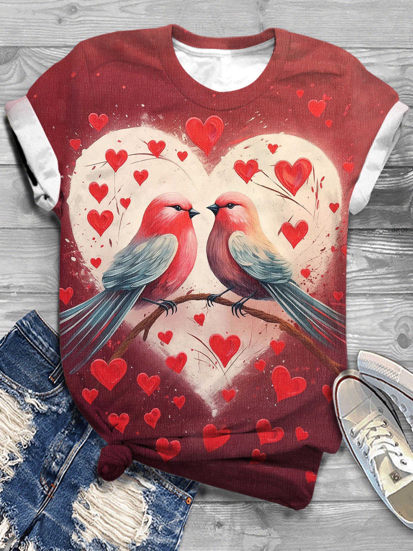 Lovebirds Valentine's Art Print Crew Neck T-Shirt