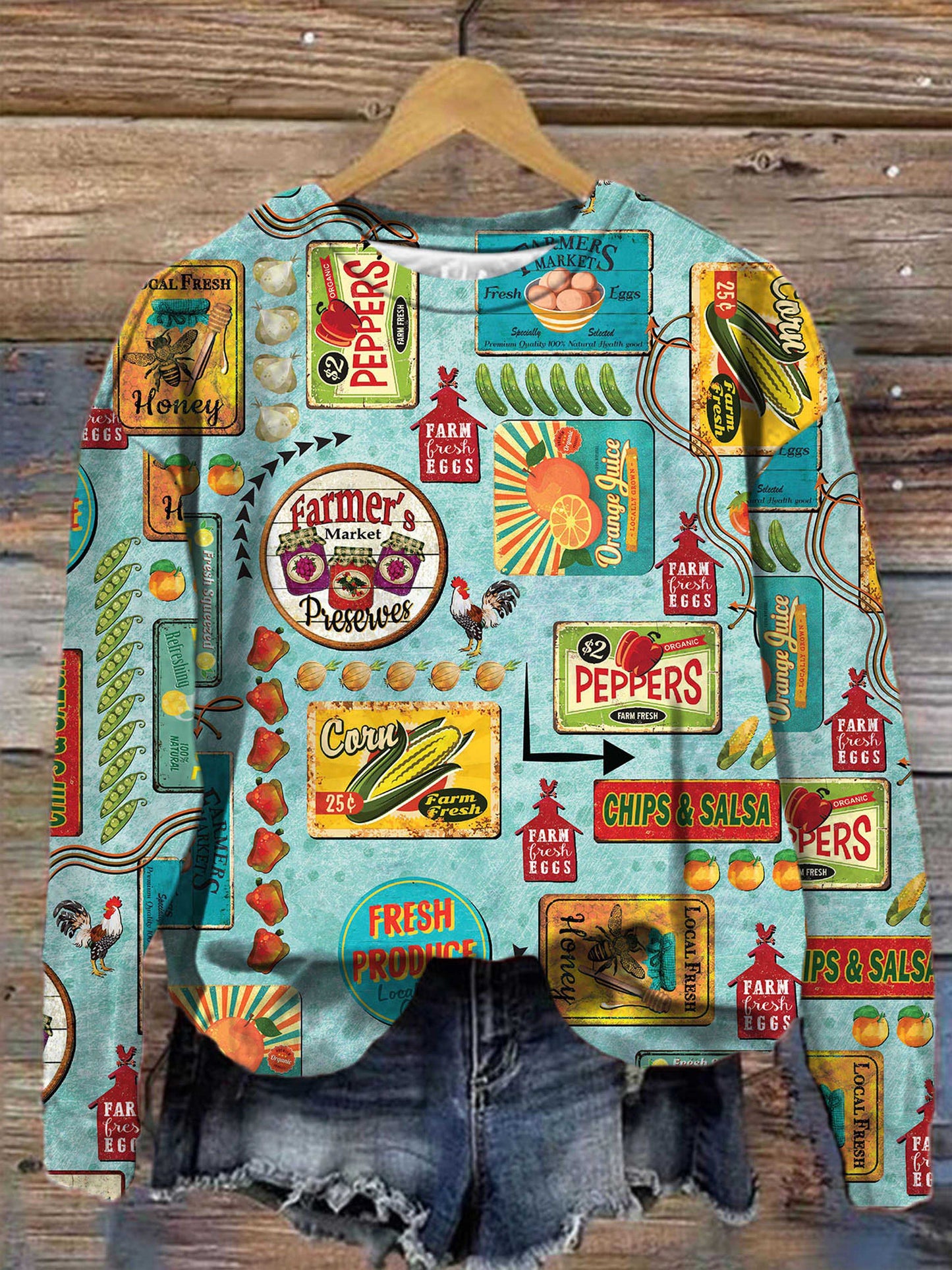 Farmer's Market Print Neck Long Sleeve Top