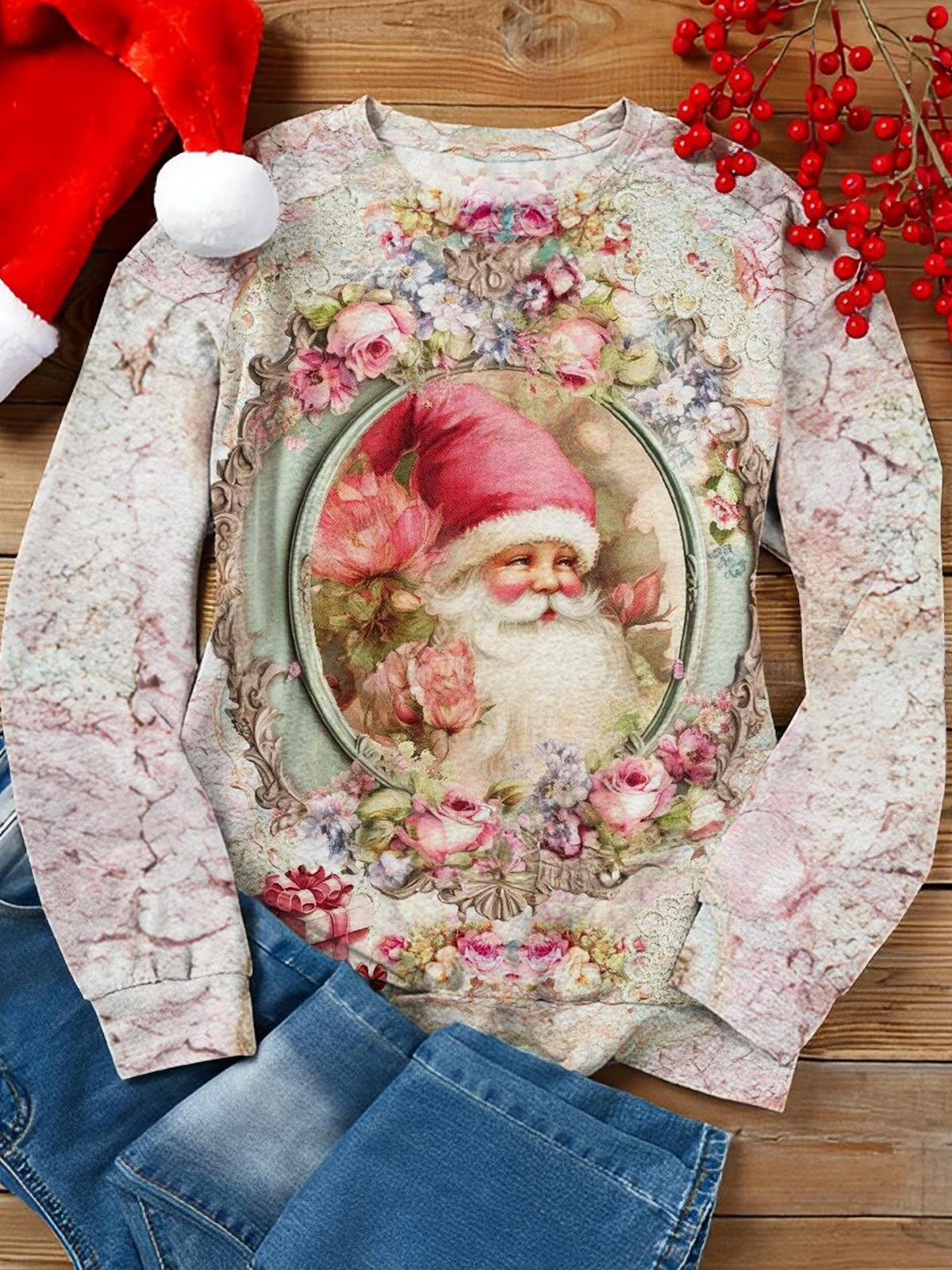 Pink Flower Santa Long Sleeve Casual Top