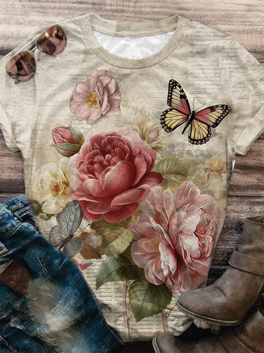 Floral and Butterfly Vintage Print Crew Neck T-Shirt