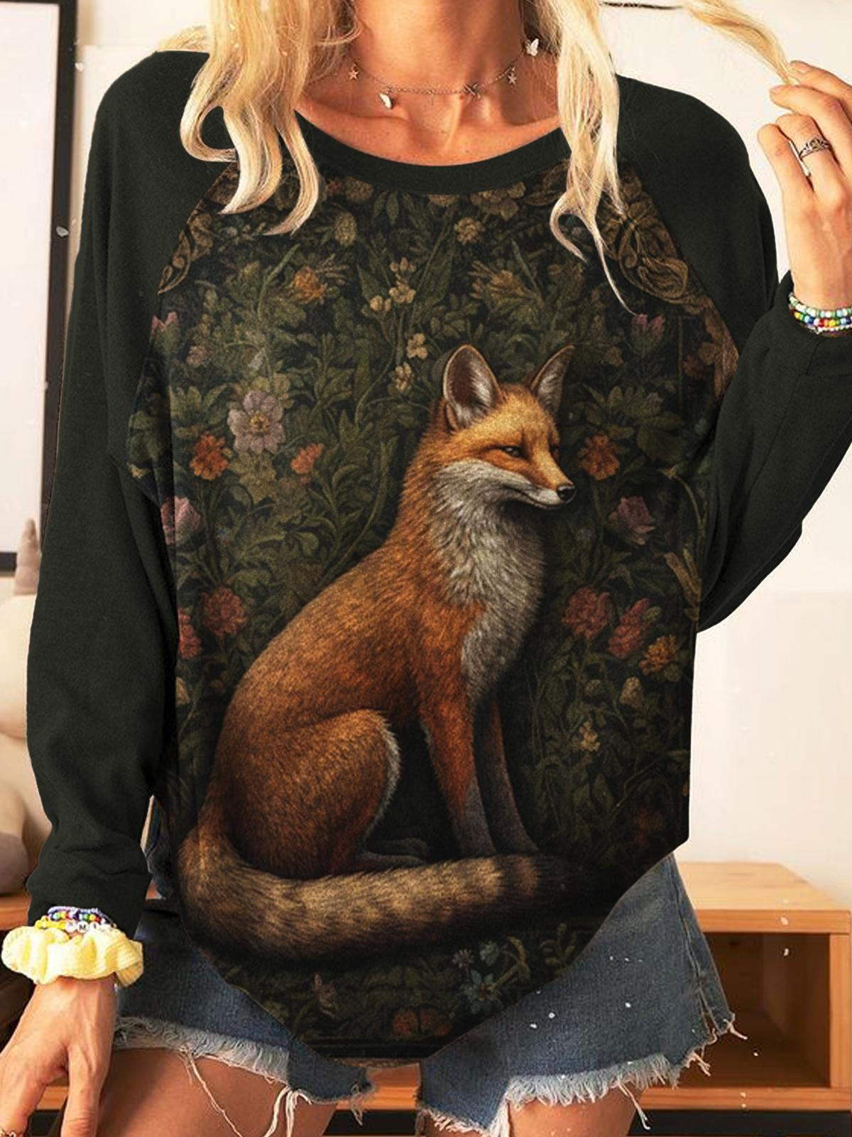 Women's Vintage Floral Fox Print Casual Top
